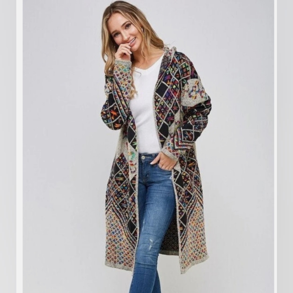Pinklicious Boho Hooded Multicolored Hoodie Long Sweater